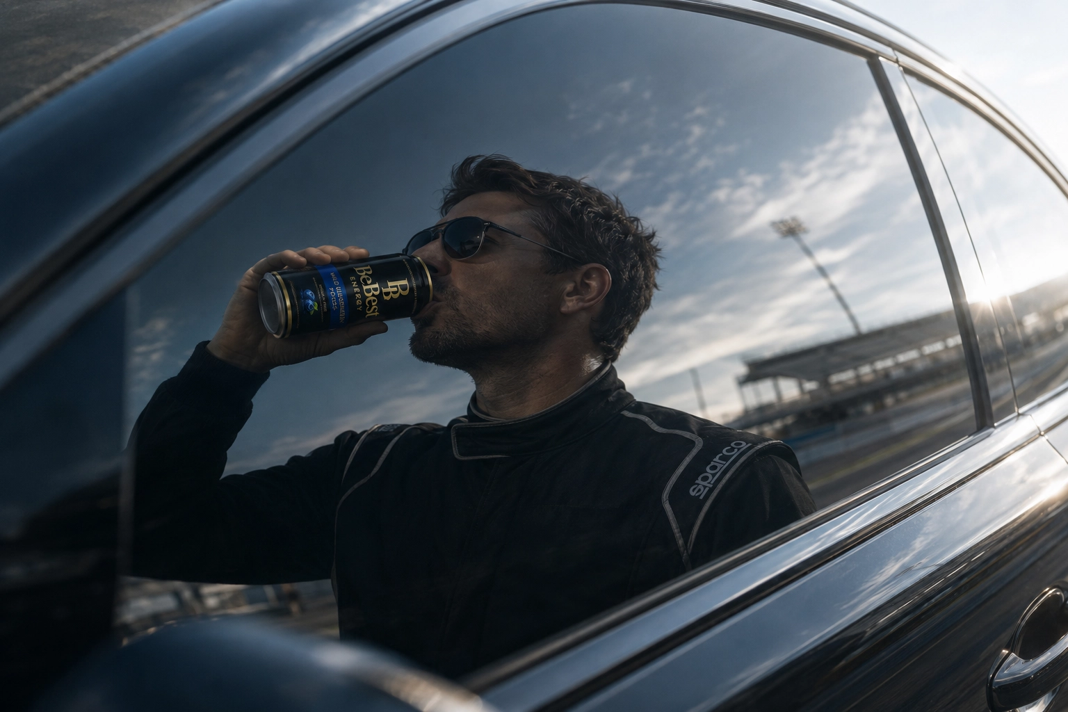 Driver enjoying BeBest in reflection of car window